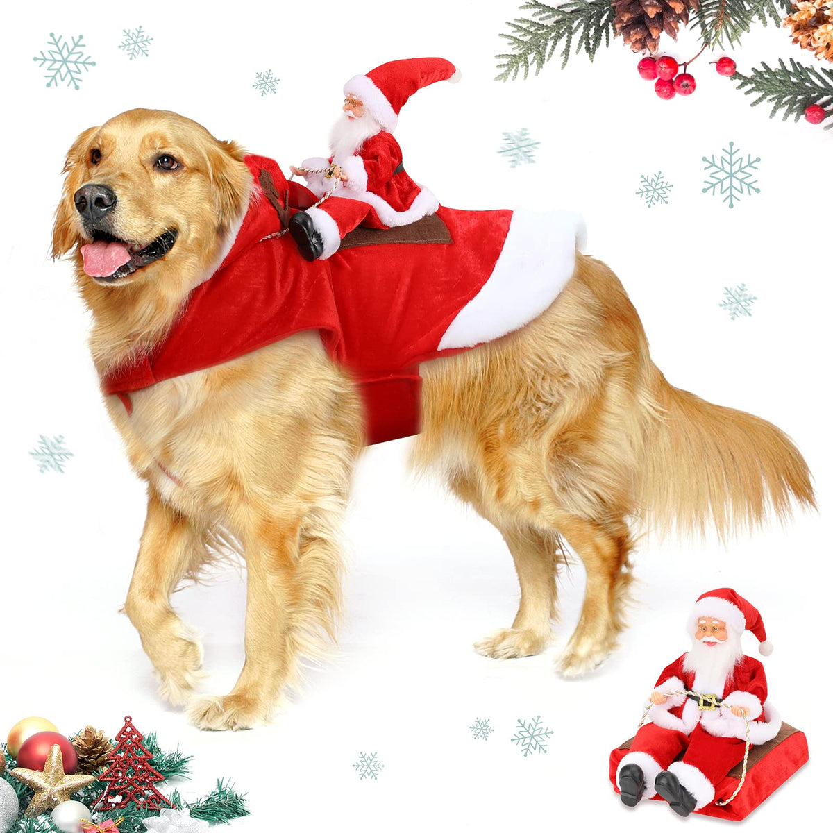 Golden retriever wearing the Santa Rider Christmas dog costume